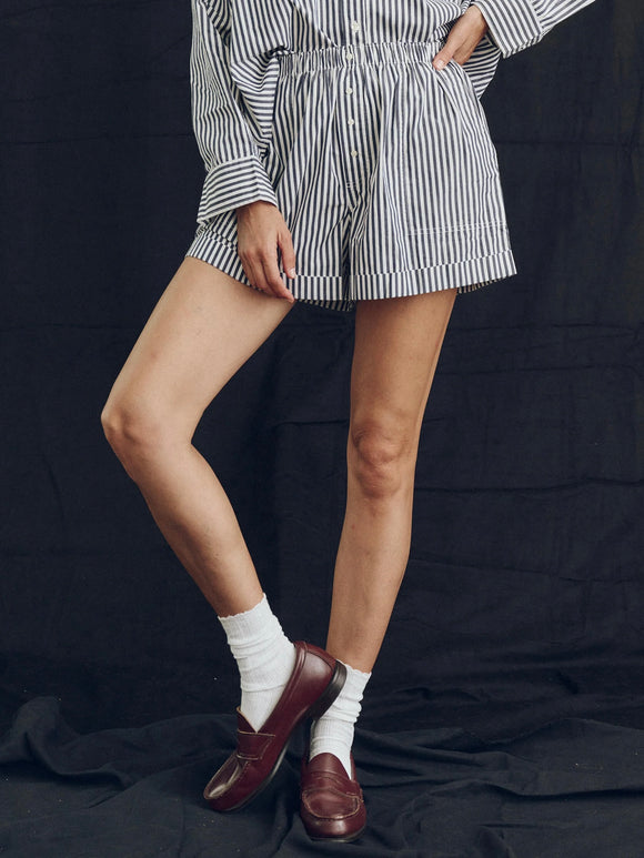 The Boxer Short Navy Studio Stripe | The Great.